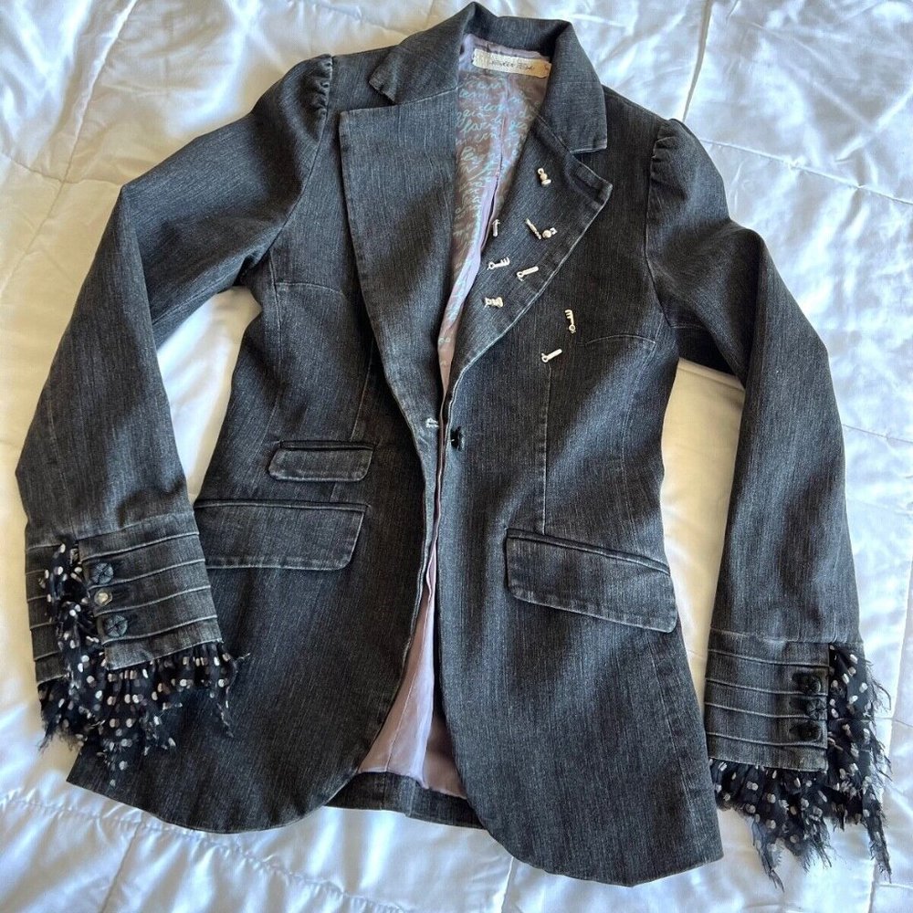 Skin Fish Denim Women’s Frilly Gothic Blazer 42 XS Silk Lining Embroidered Y2K